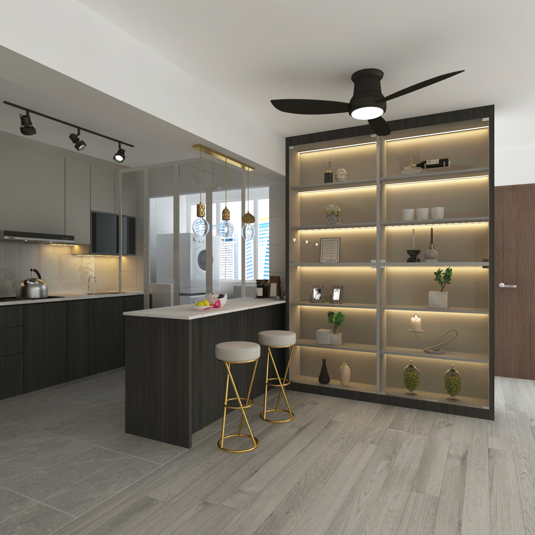 Open-concept kitchen with custom display cabinet featuring LED-lit shelving, island bar with brass stools, and glass partition